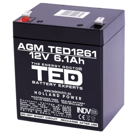 Energy - Baterie Reincarcabila F2/T2 12V Stationara VRLA 6.1Ah AGM, Dimensiuni 90x70x98 mm, TED Electric TED1261, pentru Sisteme UPS, Securitate, Echipamente Medicale, Iluminare