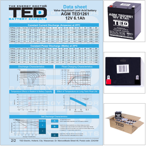 Baterie Reincarcabila F2/T2 12V Stationara VRLA 6.1Ah AGM, Dimensiuni 90x70x98 mm, TED Electric TED1261, pentru Sisteme UPS, Securitate, Echipamente Medicale, Iluminare [6]