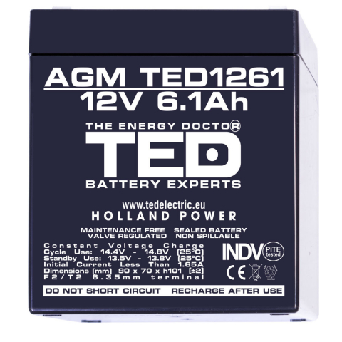 Baterie Reincarcabila F2/T2 12V Stationara VRLA 6.1Ah AGM, Dimensiuni 90x70x98 mm, TED Electric TED1261, pentru Sisteme UPS, Securitate, Echipamente Medicale, Iluminare [1]