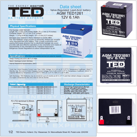 Baterie Reincarcabila F2/T2 12V Stationara VRLA 6.1Ah AGM, Dimensiuni 90x70x98 mm, TED Electric TED1261, pentru Sisteme UPS, Securitate, Echipamente Medicale, Iluminare [5]
