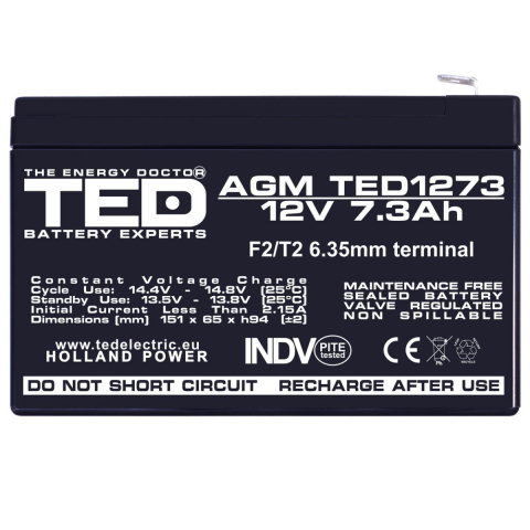 Baterie Reincarcabila F2/T2 12V Stationara VRLA 7.3Ah AGM, Dimensiuni 151x65x94 mm, TED Electric TED1273, pentru Sisteme UPS, Backup, Securitate, Echipamente Medicale, Energie Regenerabila [1]