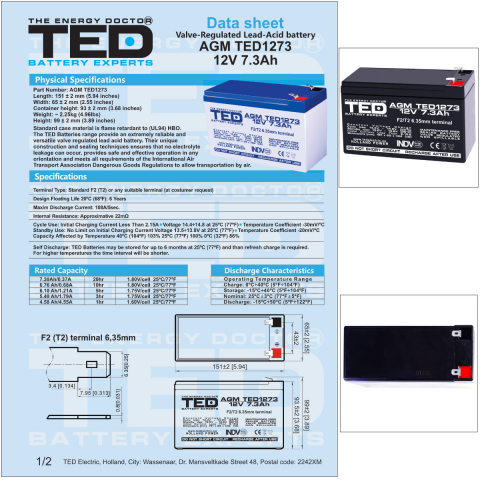 Baterie Reincarcabila F2/T2 12V Stationara VRLA 7.3Ah AGM, Dimensiuni 151x65x94 mm, TED Electric TED1273, pentru Sisteme UPS, Backup, Securitate, Echipamente Medicale, Energie Regenerabila [4]