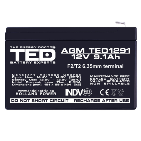 Baterie Reincarcabila F2/T2 12V Stationara VRLA 9.1Ah AGM, Dimensiuni 151x65x94 mm, TED Electric TED1291, pentru Sisteme UPS, Backup, Securitate, Echipamente Medicale, Iluminare, Stocare Energie [1]