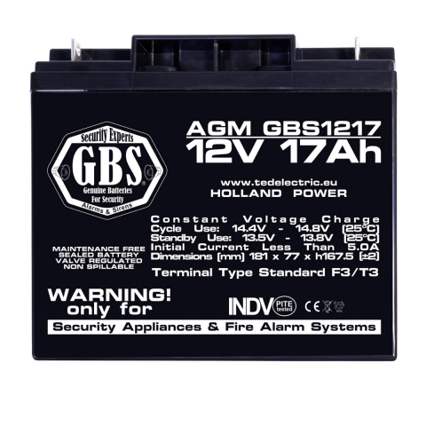 Baterie Reincarcabila F3 12V Stationara VRLA 17Ah AGM, Dimensiuni 181x76x167 mm, TED Electric GBS1217, pentru sisteme de alarma, CCTV, control acces si panouri de securitate [1]