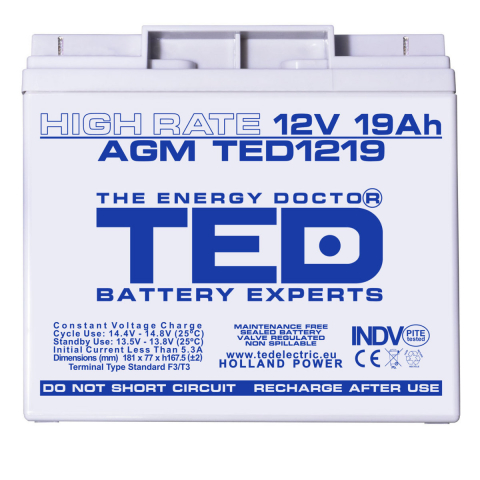 Baterie Reincarcabila F3 12V Stationara VRLA High Rate 19Ah AGM, Dimensiuni 181x76x167 mm, TED Electric TED1219, pentru UPS, echipamente medicale, industriale si iluminat portabil [1]