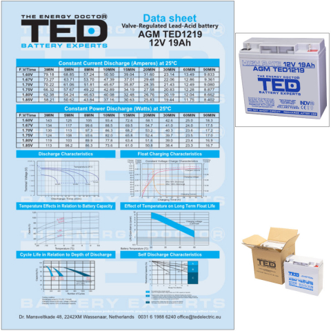 Baterie Reincarcabila F3 12V Stationara VRLA High Rate 19Ah AGM, Dimensiuni 181x76x167 mm, TED Electric TED1219, pentru UPS, echipamente medicale, industriale si iluminat portabil [6]