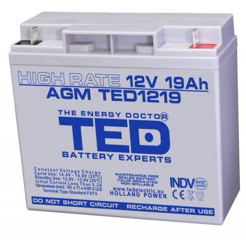 Energy - Baterie Reincarcabila F3 12V Stationara VRLA High Rate 19Ah AGM, Dimensiuni 181x76x167 mm, TED Electric TED1219, pentru UPS, echipamente medicale, industriale si iluminat portabil