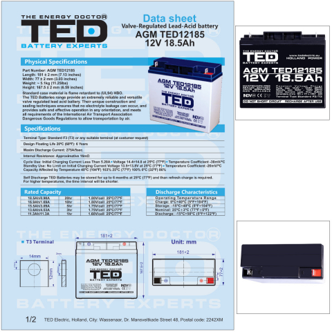 Baterie Reincarcabila F3/T3 12V Stationara VRLA 18.5Ah AGM, Dimensiuni 181x77x167 mm, TED Electric TED12185, pentru sisteme UPS industriale, echipamente medicale, securitate, telecomunicatii, energie [4]