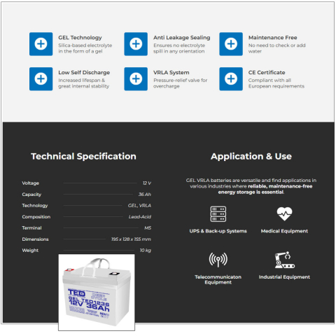Baterie Reincarcabila GEL Deep Cycle 12V 36Ah VRLA, Dimensiuni 195x128x155 mm, TED Electric TED1236, pentru sisteme UPS, backup, energie solara, echipamente medicale, telecomunicatii, industrial [1]