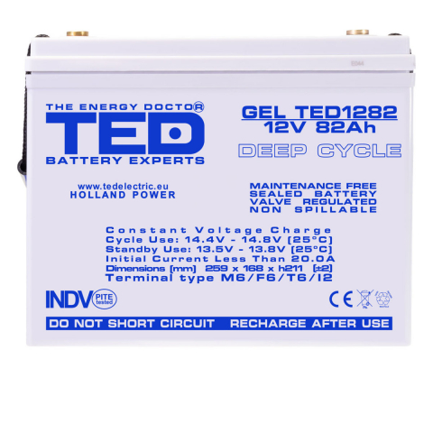Baterie Reincarcabila GEL Deep Cycle Solar 12V 82Ah M6 VRLA, Dimensiuni 259x168x211 mm, TED Electric TED1282, pentru Sisteme Solare, UPS, Telecomunicatii, Echipamente Industriale [1]