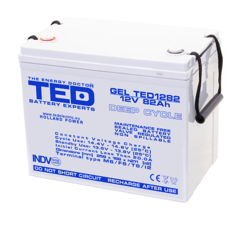 Energy - Baterie Reincarcabila GEL Deep Cycle Solar 12V 82Ah M6 VRLA, Dimensiuni 259x168x211 mm, TED Electric TED1282, pentru Sisteme Solare, UPS, Telecomunicatii, Echipamente Industriale
