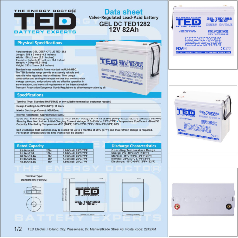 Baterie Reincarcabila GEL Deep Cycle Solar 12V 82Ah M6 VRLA, Dimensiuni 259x168x211 mm, TED Electric TED1282, pentru Sisteme Solare, UPS, Telecomunicatii, Echipamente Industriale [5]