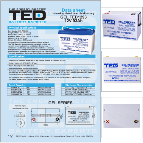 Baterie Reincarcabila GEL Deep Cycle Solar 12V 93Ah M8 VRLA, Dimensiuni 305x167x208 mm, TED Electric TED1293, pentru Sisteme Solare, UPS, Telecomunicatii, Echipamente Industriale [5]