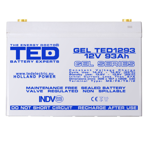 Baterie Reincarcabila GEL Deep Cycle Solar 12V 93Ah M8 VRLA, Dimensiuni 305x167x208 mm, TED Electric TED1293, pentru Sisteme Solare, UPS, Telecomunicatii, Echipamente Industriale [1]