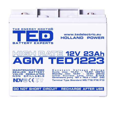 Baterie Reincarcabila M5 12V Stationara VRLA 23Ah AGM High Rate, Dimensiuni 181x76x167 mm, TED Electric TED1223, pentru sisteme UPS, backup, echipamente medicale, industriale, echipamente portabile [1]