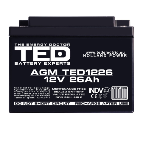 Baterie Reincarcabila M5 12V Stationara VRLA 26Ah AGM, Dimensiuni 165x175x125 mm, TED Electric TED1226, pentru UPS, echipamente medicale, industriale, sisteme securitate si iluminare [1]