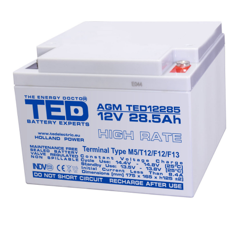 Energy - Baterie Reincarcabila M5 12V Stationara VRLA 28.5Ah AGM High Rate, Dimensiuni 165x175x125 mm, TED Electric TED12285, pentru sisteme UPS, echipamente medicale, industriale, iluminat, stocare energie