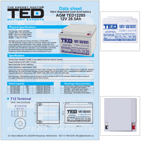 Baterie Reincarcabila M5 12V Stationara VRLA 28.5Ah AGM High Rate, Dimensiuni 165x175x125 mm, TED Electric TED12285, pentru sisteme UPS, echipamente medicale, industriale, iluminat, stocare energie [4]