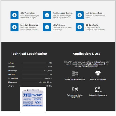 Baterie Reincarcabila M6 12V Stationara VRLA 46Ah GEL Deep Cycle, Dimensiuni 197x166x171 mm, TED Electric TED1246, pentru sisteme UPS, energie regenerabila, echipamente medicale si industriale [3]