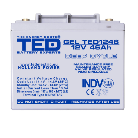 Baterie Reincarcabila M6 12V Stationara VRLA 46Ah GEL Deep Cycle, Dimensiuni 197x166x171 mm, TED Electric TED1246, pentru sisteme UPS, energie regenerabila, echipamente medicale si industriale [1]