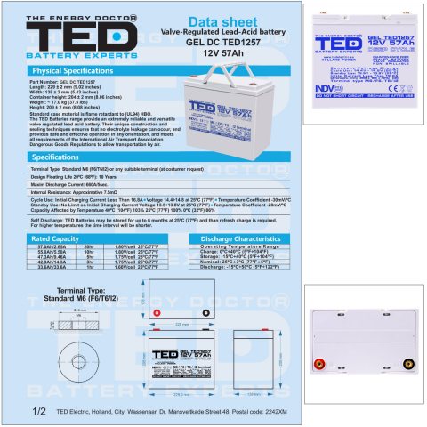 Baterie Reincarcabila M6 12V Stationara VRLA 57Ah GEL Deep Cycle, Dimensiuni 229x138x208 mm, TED Electric TED1257, pentru sisteme UPS, energie regenerabila, echipamente medicale si industriale [4]