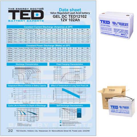 Baterie Reincarcabila M8 12V Stationara VRLA 102Ah GEL, Dimensiuni 331x173x213 mm, TED Electric TED12102, pentru sisteme solare, UPS, backup, echipamente medicale, industriale, telecomunicatii [5]