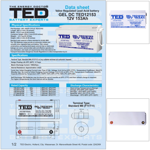 Baterie Reincarcabila M8 12V Stationara VRLA 153Ah GEL, Dimensiuni 483x170x240 mm, TED Electric TED12153, pentru sisteme UPS si backup, echipamente industriale, medicale, telecomunicatii, stocare ener [4]