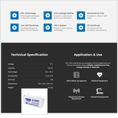 Baterie Reincarcabila M8 12V Stationara VRLA 205Ah GEL, Dimensiuni 525x243x220 mm, TED Electric TED12205, pentru sisteme solare, UPS, backup, echipamente medicale, industriale, telecomunicatii [1]