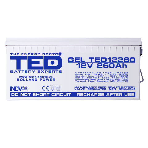 Baterie Reincarcabila M8 12V Stationara VRLA 260Ah GEL, Dimensiuni 520x268x220 mm, TED Electric TED12260, pentru sisteme solare, UPS, backup, echipamente medicale, industriale, telecomunicatii [1]