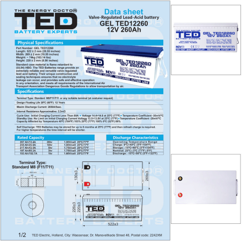 Baterie Reincarcabila M8 12V Stationara VRLA 260Ah GEL, Dimensiuni 520x268x220 mm, TED Electric TED12260, pentru sisteme solare, UPS, backup, echipamente medicale, industriale, telecomunicatii [4]