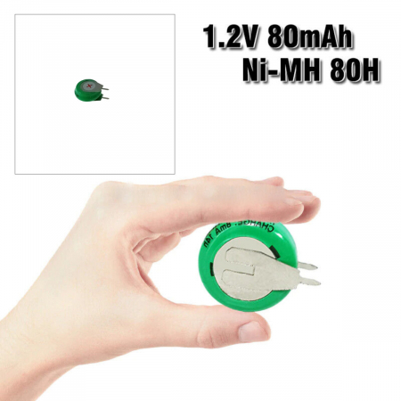 Baterie NiMH, 1.2V, 80mAh, cu 2 pini, 6074, diametru de 15 mm, verde [2]