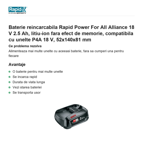 Baterie reincarcabila Rapid Power For All Alliance 18 V 2.5 Ah, litiu-ion fara efect de memorie, compatibila cu unelte P4A 18 V, 52x140x81 mm [1]