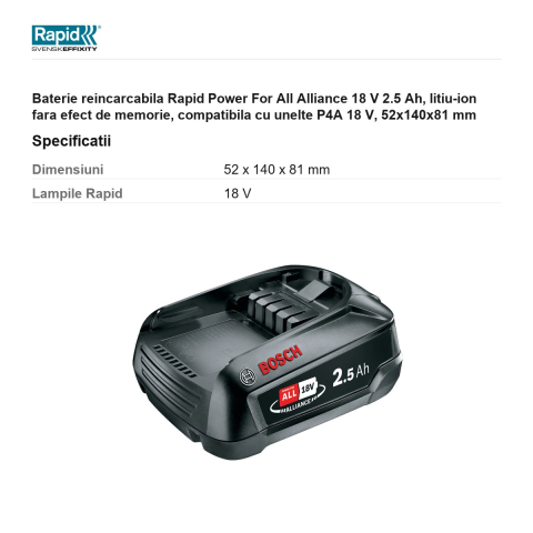 Baterie reincarcabila Rapid Power For All Alliance 18 V 2.5 Ah, litiu-ion fara efect de memorie, compatibila cu unelte P4A 18 V, 52x140x81 mm [2]