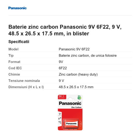 Baterie zinc carbon Panasonic 9V 6F22, 9 V, 48.5 x 26.5 x 17.5 mm, in blister [2]