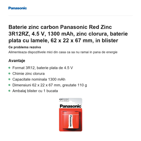 Baterie zinc carbon Panasonic Red Zinc 3R12RZ, 4.5 V, 1300 mAh, zinc clorura, baterie plata cu lamele, 62 x 22 x 67 mm, in blister [1]