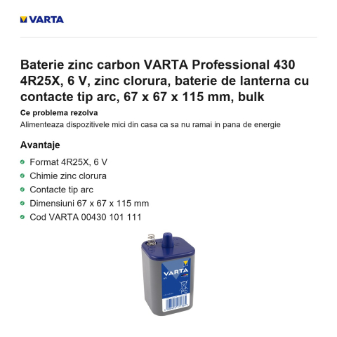 Baterie zinc carbon VARTA Professional 430 4R25X, 6 V, zinc clorura, baterie de lanterna cu contacte tip arc, 67 x 67 x 115 mm, bulk [1]