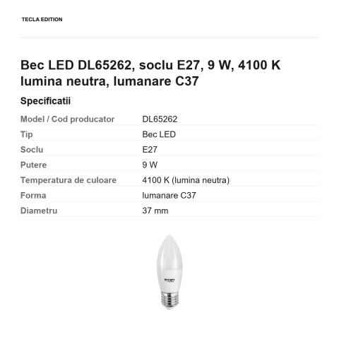 Bec LED DL65262, soclu E27, 9 W, 4100 K lumina neutra, lumanare C37 [2]