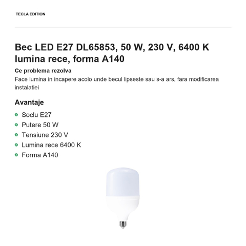 Bec LED E27 DL65853, 50 W, 230 V, 6400 K lumina rece, forma A140 [1]