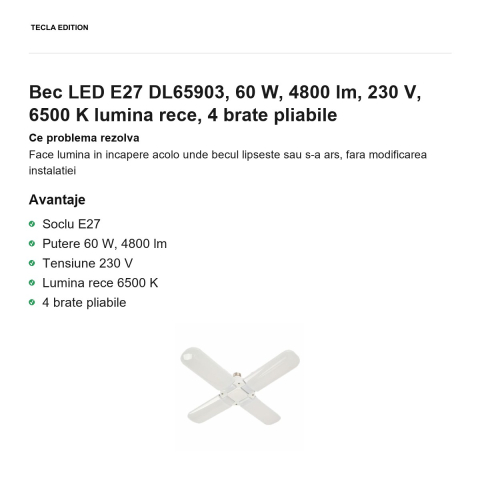 Bec LED E27 DL65903, 60 W, 4800 lm, 230 V, 6500 K lumina rece, 4 brate pliabile [1]