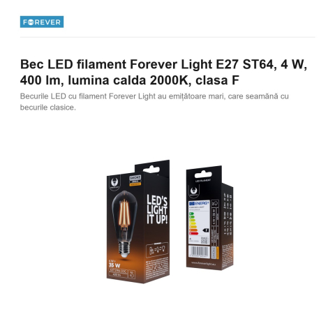 Bec LED filament Forever Light E27 ST64, 4 W, 400 lm, lumina calda 2000K, clasa F [1]