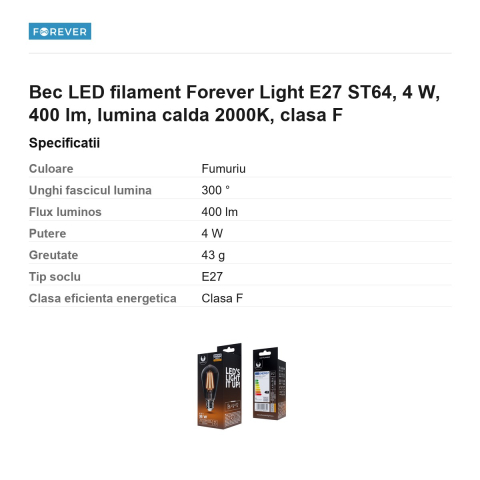 Bec LED filament Forever Light E27 ST64, 4 W, 400 lm, lumina calda 2000K, clasa F [2]
