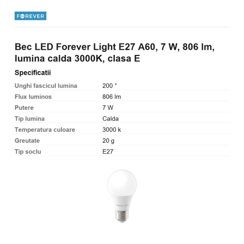 Bec LED Forever Light E27 A60, 7 W, 806 lm, lumina calda 3000K, clasa E [2]