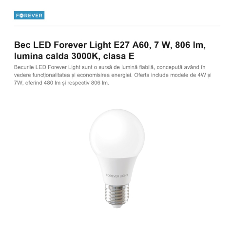 Bec LED Forever Light E27 A60, 7 W, 806 lm, lumina calda 3000K, clasa E [1]