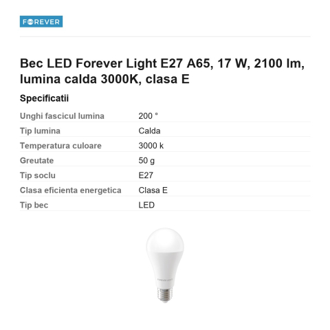 Bec LED Forever Light E27 A65, 17 W, 2100 lm, lumina calda 3000K, clasa E [2]