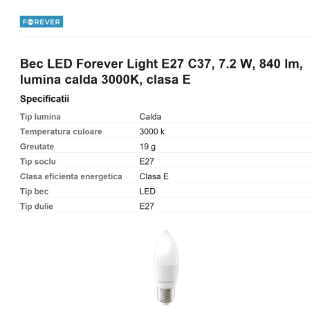 Bec LED Forever Light E27 C37, 7.2 W, 840 lm, lumina calda 3000K, clasa E [2]
