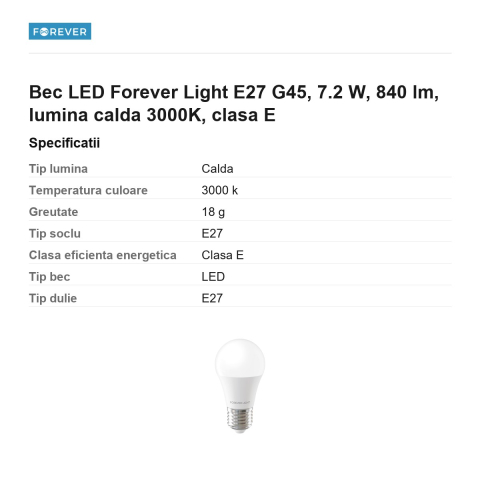 Bec LED Forever Light E27 G45, 7.2 W, 840 lm, lumina calda 3000K, clasa E [2]
