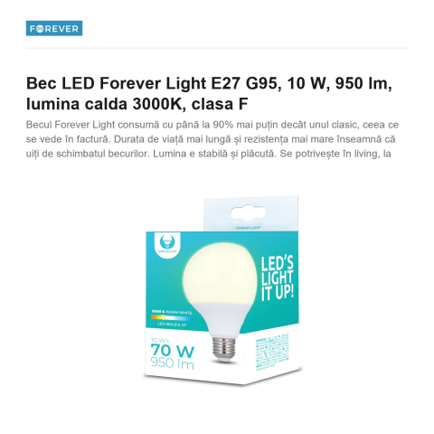 Bec LED Forever Light E27 G95, 10 W, 950 lm, lumina calda 3000K, clasa F [1]