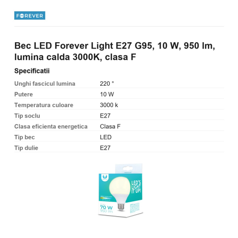 Bec LED Forever Light E27 G95, 10 W, 950 lm, lumina calda 3000K, clasa F [2]