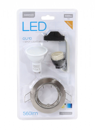 GU10 lumina naturala - Bec Led Omega 43492, tip spot, 4200K, GU10, 7W, 560lm, lumina naturala, cu suport complet