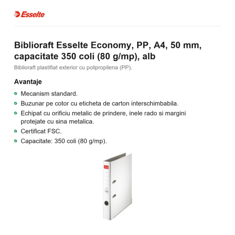 Biblioraft Esselte Economy, PP, A4, 50 mm, capacitate 350 coli (80 g/mp), alb [1]